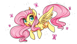 Size: 1000x571 | Tagged: safe, artist:suzuii, fluttershy, butterfly, pegasus, pony, flying, happy, simple background, smiling, solo, spread wings, transparent background