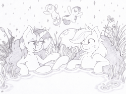 Size: 1262x942 | Tagged: safe, artist:joey darkmeat, apple bloom, applejack, rarity, sweetie belle, earth pony, pony, unicorn, belly button, female, lineart, monochrome, pond, siblings, sisters, sisters gonna sister, sketch, swimming pool, traditional art, wet, wet mane, wet mane rarity