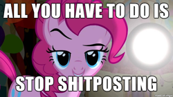 Size: 610x343 | Tagged: safe, pinkie pie, earth pony, pony, image macro, meme, reaction image, shitposting, vulgar