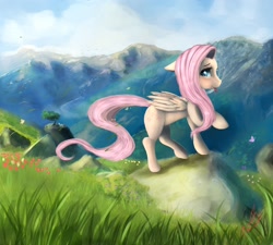 Size: 2000x1800 | Tagged: safe, artist:miokomata, fluttershy, pegasus, pony, floppy ears, mountain, raised hoof, scenery, solo, tongue out