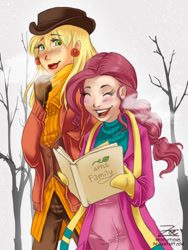 Size: 428x568 | Tagged: safe, artist:zoe-productions, applejack, pinkie pie, human, pinkie apple pie, book, clothes, duo, female, humanized