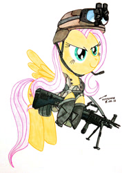 Size: 905x1280 | Tagged: safe, artist:buckweiser, fluttershy, pegasus, pony, clothes, gun, helmet, m60, machine gun, military, uniform