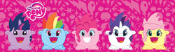 Size: 600x180 | Tagged: safe, derpibooru import, fluttershy, pinkie pie, rainbow dash, rarity, twilight sparkle, twilight sparkle (alicorn), alicorn, earth pony, pegasus, pony, unicorn, :d, candy dispenser, female, mare, merchandise, radz