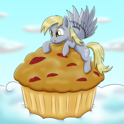 Size: 1391x1389 | Tagged: safe, artist:lifesharbinger, derpy hooves, pony, cloud, food, giant muffin, happy, muffin, solo