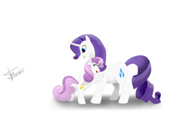 Size: 1280x1024 | Tagged: safe, artist:skitsroom, rarity, sweetie belle, pony, unicorn, alternate cutie mark, hug, simple background, white background