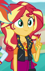 Size: 478x754 | Tagged: safe, screencap, sunset shimmer, better together, equestria girls, rollercoaster of friendship, cropped, geode of empathy, peace sign