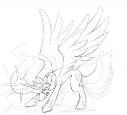 Size: 1280x1161 | Tagged: safe, artist:furfragged, princess celestia, alicorn, pony, angry, arched back, badass, glowing horn, gritted teeth, monochrome, rage, rage face, solo, spread wings