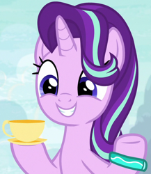Size: 384x442 | Tagged: safe, screencap, starlight glimmer, pony, unicorn, student counsel, bracelet, cropped, cup, jewelry, solo, teacup