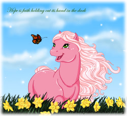 Size: 1024x933 | Tagged: safe, artist:honeykitten, pinkie pie, butterfly, earth pony, pony, g3, blank flank, flower