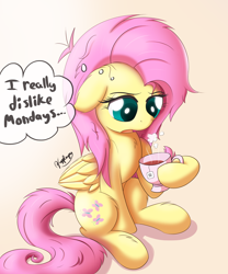 Size: 2500x3000 | Tagged: safe, artist:bugplayer, fluttershy, pegasus, pony, chinese, cup, female, floppy ears, mare, messy mane, monday, morning ponies, open mouth, simple background, sitting, solo, tea, thought bubble