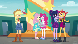 Size: 1920x1080 | Tagged: safe, screencap, applejack, fluttershy, pinkie pie, sci-twi, sunset shimmer, twilight sparkle, equestria girls, equestria girls series, rollercoaster of friendship, boots, clothes, cowboy hat, crossed arms, denim skirt, dress, equestria land, female, geode of empathy, geode of fauna, geode of sugar bombs, geode of super strength, geode of telekinesis, glasses, hat, high heel boots, jacket, leather, leather jacket, pantyhose, ponytail, sandals, shoes, skirt, smiling, socks