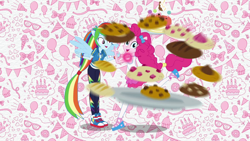 Size: 1920x1080 | Tagged: safe, derpibooru import, screencap, pinkie pie, rainbow dash, better together, equestria girls, converse, cookie, food, geode of sugar bombs, geode of super speed, intro, magical geodes, ponied up, shoes