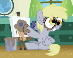 Size: 3000x2400 | Tagged: safe, artist:coaldustthestrange, derpy hooves, bucket, canvas, female, filly, filly derpy, globe, paint, ponyville schoolhouse, window, younger