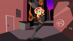 Size: 6830x3840 | Tagged: safe, artist:legendaryspider, sunset shimmer, equestria girls, alley, alleyway, boots, building, city, cityscape, clothes, commission, female, fiery shimmer, fire, form fitting, gloves, goggles, jacket, pants, safety goggles, shoes, solo, superhero, visor