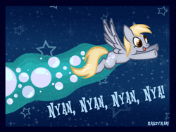 Size: 1280x960 | Tagged: safe, artist:krazykari, derpy hooves, pegasus, pony, flying, nyan cat, solo