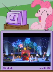 Size: 563x770 | Tagged: safe, pinkie pie, bird, canary, earth pony, pony, christmas, christmas lights, electrocution, exploitable meme, laughing, meme, movie, obligatory pony, peanuts, snoopy, tv meme, woodstock (peanuts)