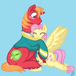 Size: 1500x1500 | Tagged: safe, artist:psponyartist, big macintosh, fluttershy, earth pony, pegasus, pony, filli vanilli, blushing, fluttermac, hug, male, ponytones outfit, shipping, stallion, straight