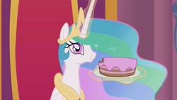 Size: 1280x720 | Tagged: safe, artist:whitehawke, screencap, princess celestia, alicorn, pony, cake, cakelestia, magic, solo, throne