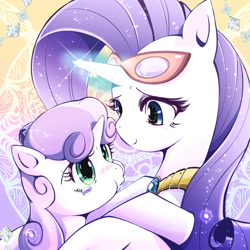 Size: 2000x2000 | Tagged: safe, artist:mr.sugar, rarity, sweetie belle, pony, unicorn, beautiful, crying, cute, diasweetes, glasses, glowing horn, pixiv, pouting, puffy cheeks, raribetes, rarity's glasses, sisters, teary eyes