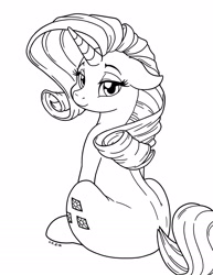 Size: 1275x1650 | Tagged: safe, artist:latecustomer, rarity, pony, unicorn, female, horn, lineart, looking at you, looking back, looking back at you, mare, monochrome, simple background, sitting, solo, white background