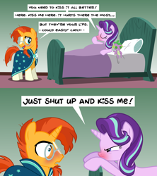 Size: 1920x2160 | Tagged: safe, artist:wissle, spike, starlight glimmer, sunburst, dragon, pony, unicorn, hearthbreakers, bed, blushing, cold, comic, doll, female, hearth's warming doll, implied sparlight, kiss it better, male, mare, narrowed eyes, plushie, red nosed, shipping, sick, stallion, starburst, straight, toy, vector used, youtube link