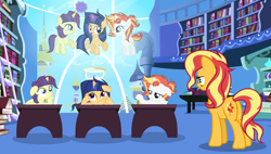 Size: 3404x1928 | Tagged: safe, artist:velveagicsentryyt, sunset shimmer, oc, oc:shine brine, oc:starling, oc:velvet sentry, pony, unicorn, base used, female, filly, offspring, parent:fire streak, parent:flash sentry, parent:sunset shimmer, parent:twilight sparkle, parents:cometdancer, parents:flashlight, parents:sunsetstreak, twilight's canterlot home