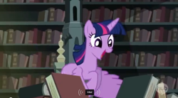 Size: 852x472 | Tagged: safe, derpibooru import, screencap, twilight sparkle, twilight sparkle (alicorn), alicorn, pony, castle mane-ia, book, female, happy, mare, meme, solo, youtube caption