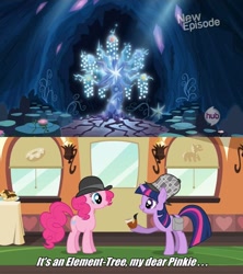 Size: 1089x1224 | Tagged: safe, derpibooru import, edit, edited screencap, screencap, pinkie pie, twilight sparkle, unicorn twilight, earth pony, pony, unicorn, mmmystery on the friendship express, princess twilight sparkle (episode), bubble pipe, deerstalker, duo, female, hat, hub logo, mare, pun, sherlock holmes, tree of harmony