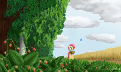 Size: 3995x2360 | Tagged: safe, artist:galekz, fluttershy, butterfly, pegasus, pony, basket, flower, forest, mouth hold, solo, strawberry