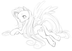 Size: 1024x728 | Tagged: safe, artist:toffee-tama, fluttershy, pegasus, pony, lineart, monochrome, plot, solo