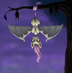 Size: 1080x1106 | Tagged: safe, artist:laurenmagpie, fluttershy, bat, fangs, flutterbat, hanging, looking at you, night, solo, spread wings, tree, upside down