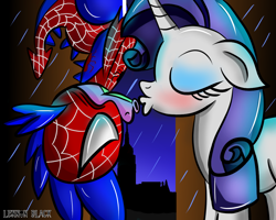 Size: 1000x800 | Tagged: safe, artist:lennonblack, rarity, spike, pony, unicorn, clothes, cosplay, costume, female, imminent kissing, kissing, male, rain, shipping, sparity, spider-man, straight, upside down kiss