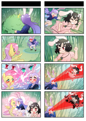 Size: 868x1228 | Tagged: safe, artist:sweetsound, fluttershy, pegasus, pony, 4koma, chinese, comic, crossover, crossover shipping, eye beams, female, inaba tewi, lesbian, lunatic red eyes, optic blast, pixiv, reisen udongein inaba, shipping, tengen toppa gurren lagann, the stare, touhou