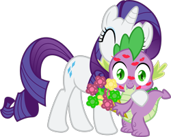 Size: 3903x3142 | Tagged: safe, artist:sapphire-beauty0, rarity, spike, dragon, pony, unicorn, .svg available, baby, baby dragon, bouquet, cute, cutie mark, eyes closed, fangs, female, flower, horn, hug, kiss mark, kissing, lipstick, looking at you, male, mare, shipping, simple background, sparity, spikabetes, spikelove, straight, transparent background, vector