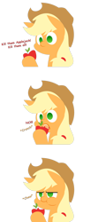 Size: 1304x2726 | Tagged: safe, artist:zacatron94, applejack, earth pony, pony, apple, comic, cowboy hat, dialogue, eating, female, hat, kill them all, onomatopoeia, puffy cheeks, simple background, solo, text, that pony sure does love apples, transparent background, who's a silly pony