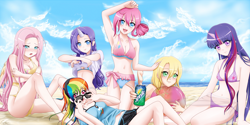 Size: 3200x1598 | Tagged: safe, artist:srtagiuu, derpibooru import, applejack, fluttershy, pinkie pie, rainbow dash, rarity, twilight sparkle, human, adorasexy, armpits, beach, beach ball, belly button, bicolor swimsuit, bikini, blue swimsuit, blushing, cleavage, clothes, colored pupils, covering, cute, cutie mark swimsuit, dashabetes, diapinkes, embarrassed, eye clipping through hair, female, frilled swimsuit, horned humanization, humanized, jackabetes, looking at you, mane six, midriff, nail polish, orange swimsuit, pink swimsuit, product placement, purple swimsuit, raribetes, see-through, sexy, shirt lift, shyabetes, side-tie bikini, sprite (brand), string bikini, sunglasses, swimsuit, twiabetes, white swimsuit, winged humanization, yellow swimsuit