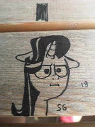 Size: 5472x7296 | Tagged: safe, artist:porschepegasus, starlight glimmer, pony, unicorn, bench, black and white, bust, europe, floppy ears, grayscale, head, i mean i see, irl, marker, marker on wood, monochrome, photo, serious, serious face, vandalism, wood, wood surface