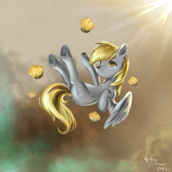 Size: 1748x1748 | Tagged: safe, artist:rikadiane, derpy hooves, pegasus, pony, flying, food, muffin, smiling, solo