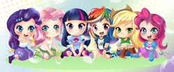 Size: 3184x1316 | Tagged: safe, artist:love2eategg, derpibooru import, applejack, fluttershy, pinkie pie, rainbow dash, rarity, twilight sparkle, twilight sparkle (alicorn), alicorn, equestria girls, anime, chibi, clothes, cute, dashabetes, diapinkes, human coloration, jackabetes, mane six, raribetes, shyabetes, skirt, tanktop, twiabetes