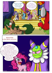 Size: 2894x4093 | Tagged: safe, artist:tkitten16, derpibooru import, applejack, fluttershy, pinkie pie, rainbow dash, rarity, twilight sparkle, oc, oc:fluttering forest, earth pony, pegasus, pony, unicorn, cackletta, comic, cross-popping veins, crossover, fawful, mane six, mario and luigi (game), super mario bros.