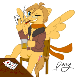 Size: 350x350 | Tagged: safe, derpibooru import, card, card game, cigar, clothes, crossover, finger, glasses, hetalia, jacket, johnny five aces, parody, ponified, sitting, table, united states, wink, zybourne clock