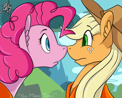 Size: 1024x819 | Tagged: safe, artist:tlatophat, applejack, pinkie pie, earth pony, pony, pinkie apple pie, boop, ear fluff, eye contact, frown, noseboop, scene interpretation, wide eyes