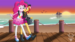 Size: 6830x3840 | Tagged: safe, artist:legendaryspider, pinkie pie, sunset shimmer, seagull, better together, equestria girls, arm around neck, beach, boardwalk, boat, boots, cap, clothes, cutie mark, date, duffle bag, female, flanksy, geode of empathy, geode of sugar bombs, happy, hat, headband, jacket, leather, leather jacket, legs, lesbian, magical geodes, ocean, pantyhose, pier, pirate ship, planks, rope, sandals, ship, shipping, shoes, skirt, smiling, sunrise, sunsetpie, water, watermark, wood