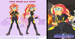 Size: 2424x1280 | Tagged: safe, artist:succubi samus, sunset shimmer, equestria girls, bodysuit, bunset shimmer, clothes, equestrian city, female, fiery shimmer, fire, front view, jacket, leather jacket, low angle, pose, pyrokinesis, reference sheet, smugset shimmer, swiggity swooty