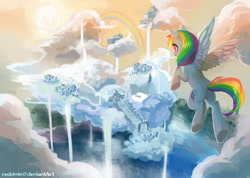 Size: 800x571 | Tagged: dead source, safe, artist:reddwin, derpibooru import, rainbow dash, pegasus, pony, cloudsdale, scenery, solo