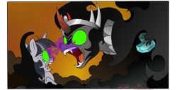 Size: 1255x637 | Tagged: safe, artist:redapropos, derpibooru import, king sombra, twilight sparkle, pony, umbrum, unicorn, the crystal empire, antagonist, bad end, corrupted, crystal heart, dark magic, magic, mind break, shadow, sombra eyes