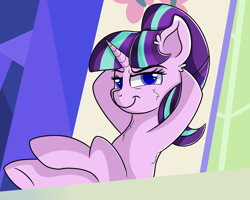 Size: 3000x2400 | Tagged: safe, artist:rainbowtashie, starlight glimmer, pony, unicorn, the cutie re-mark, cheek fluff, chest fluff, crossed legs, female, hooves behind head, hooves on the table, mare, s5 starlight, scene interpretation, simple background, smiling, smirk, smug, smuglight glimmer, solo, welcome home twilight