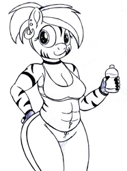 Size: 2231x3000 | Tagged: safe, artist:an-tonio, oc, oc only, oc:trinidad, anthro, zebra, abs, bottle, clothes, monochrome, pants, ponytail, solo, sports bra, traditional art, wide hips, workout outfit, zebra oc