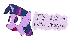 Size: 378x219 | Tagged: safe, artist:horsejokes, derpibooru import, edit, twilight sparkle, pony, unicorn, bust, dialogue, image macro, kill it with fire, magic, murder, open mouth, portrait, simple background, smiling, solo, white background