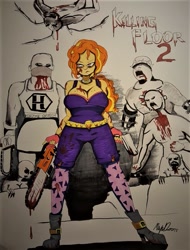 Size: 689x908 | Tagged: safe, artist:missmayaleanne, adagio dazzle, adagiazonga dazzle, alternate hairstyle, big breasts, blood, breasts, chainsaw, choker, cleavage, crossover, gun, killing floor, ponytail, traditional art, video game, weapon, wide hips